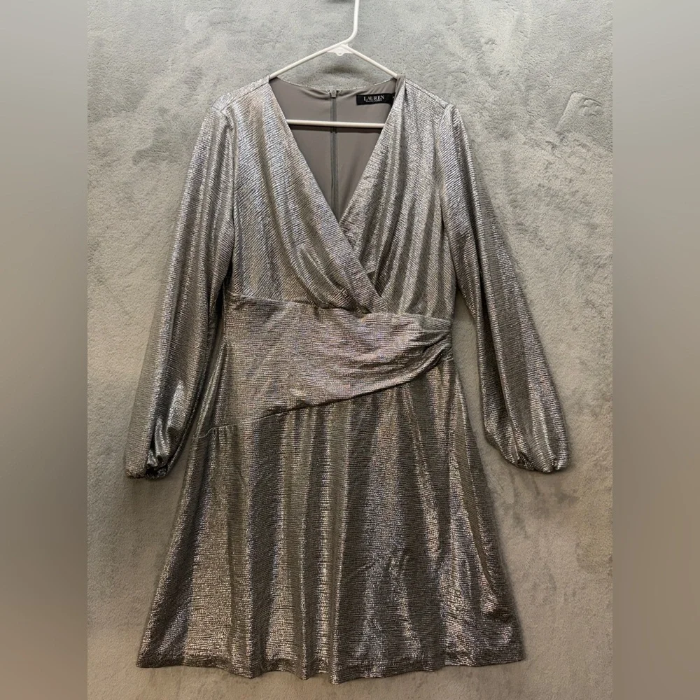 Ralph Lauren Dress Size 14 Shimmering Silver Long Sleeve Black Label